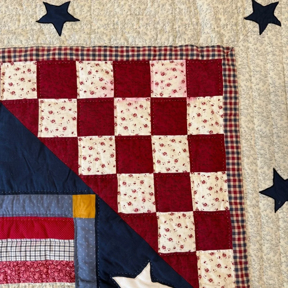 Handmade Americana Patchwork Quilt Betsy Ross Flag Queen 98x88 Red White Blue